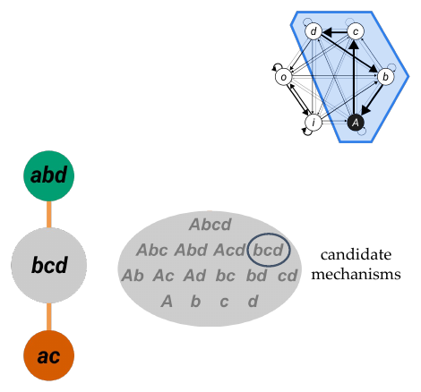 Slide 4: the distinction ac–bcd–abd beside the substrate graph and the oval of candidate mechanisms