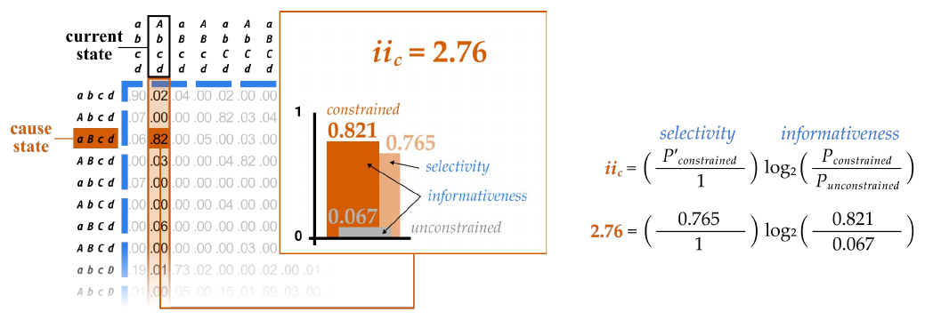 Slide 25: the cause-side bar chart with selectivity 0.765 and the calculation giving iic = 2.76