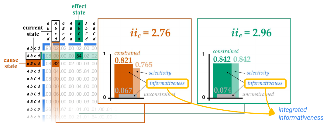 Slide 5: the bar charts for iic = 2.76 and iie = 2.96, with their informativeness factors pointing to "integrated informativeness"