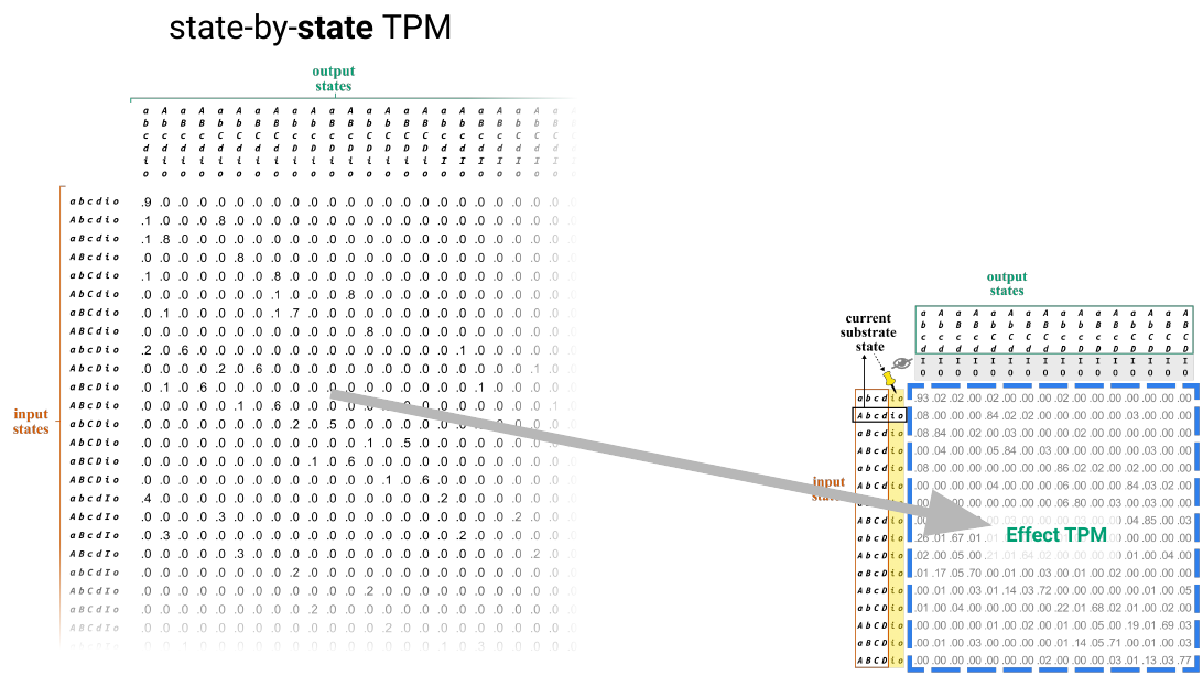 Slide 19: the 64-state substrate TPM, with an arrow to the effect TPM it condenses into